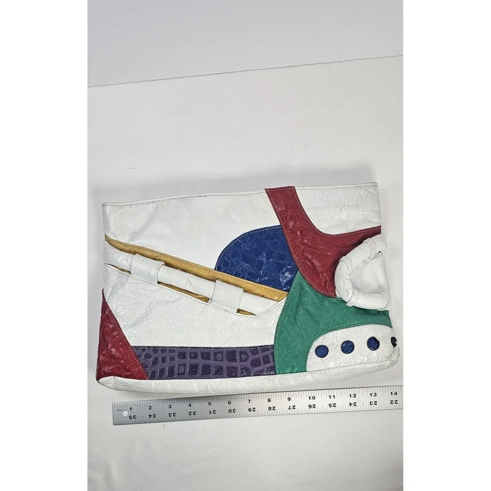 Vintage Colorblock Patchwork Clutch Purse White Croc Embossed 80s‎ 90s